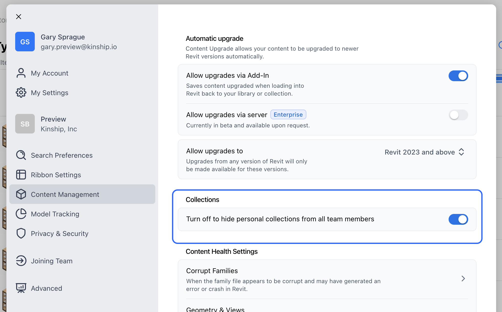 Settings page showing the option to show or hide personal collections.